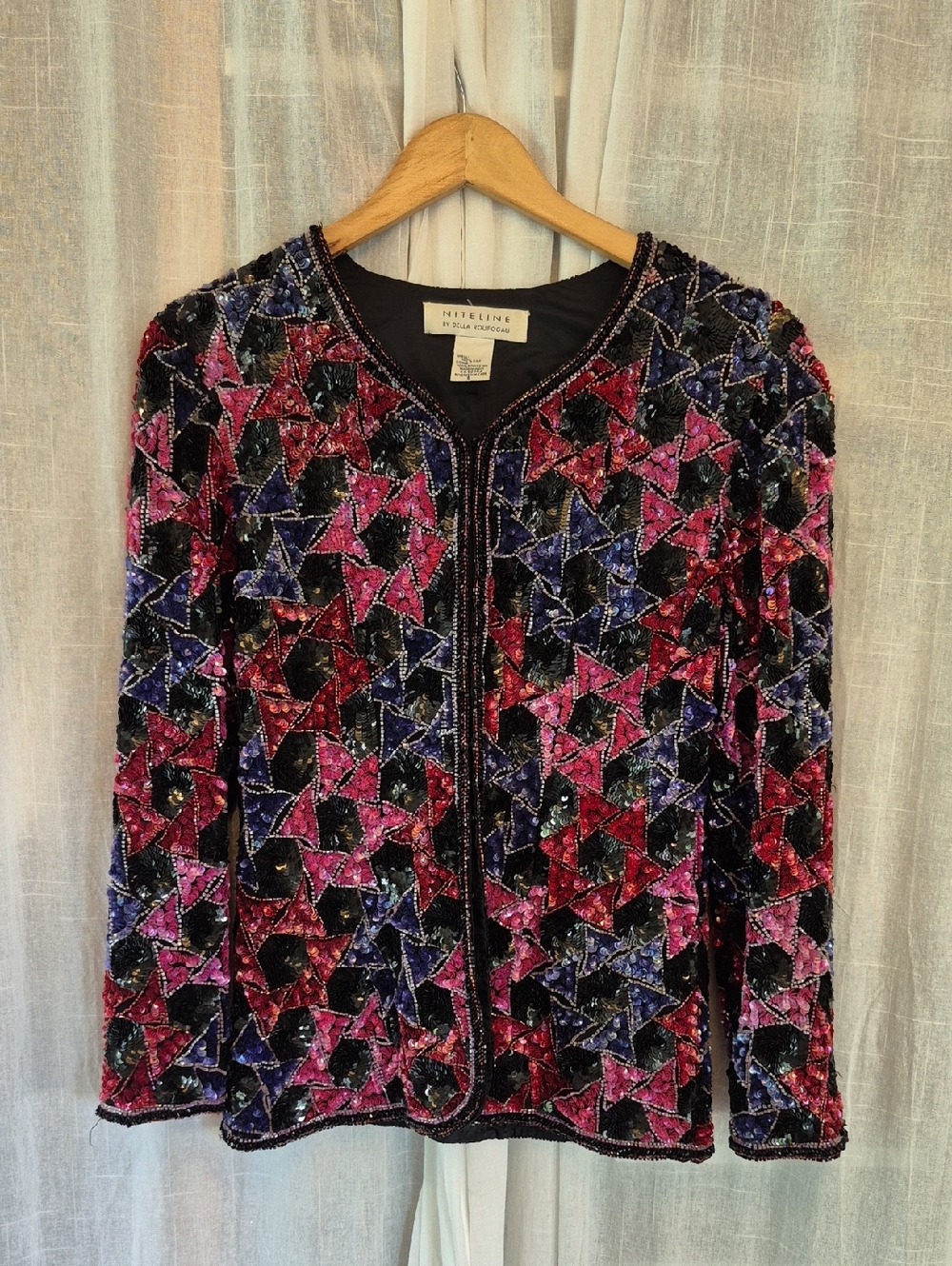 Vintage Niteline Multicolor Sequin Geometric Blazer Flower Purple Pink 70s